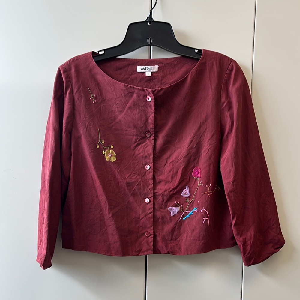 Vintage Embroidered Burgundy Button-Up Blouse